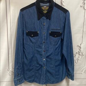 Harley-Davidson Blue Denim Shirt with Black faux suede embroidered logo M